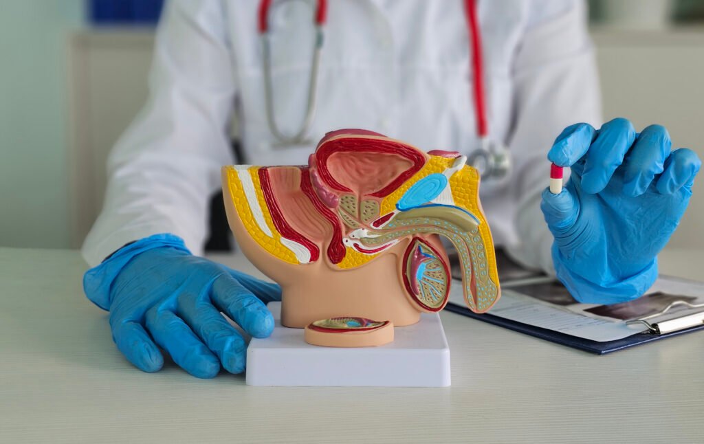 Ανδρολόγος δείχνει ανατομικό μοντέλο ανδρικού ουρογεννητικού συστήματος