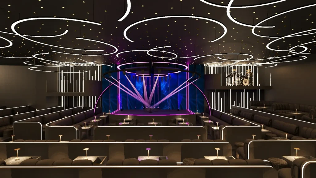 Εσωτερικός χώρος του Theama Athens Live Stage με εντυπωσιακό φωτισμό και πολυτελή διακόσμηση.